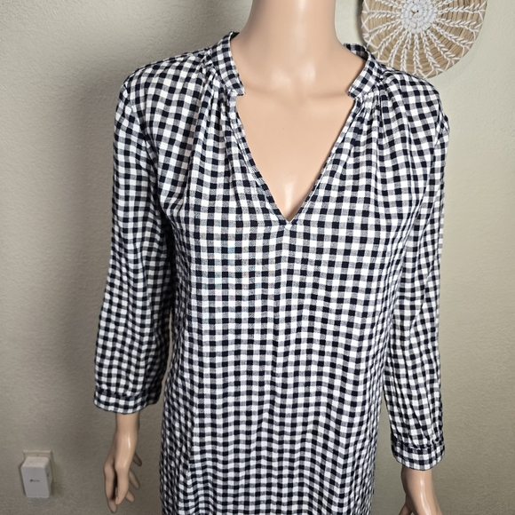J. Crew Womens Linen Cotton Navy White Check Tunic Shirt Sz S Preppy 3/4 Sleeve - Picture 9 of 12